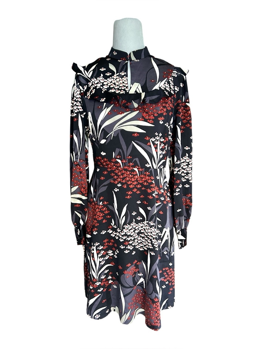 NWT Ann Taylor Mock Neck Ruffle Floral Dress‎ Navy Blue Red Sz 2 Long Sleeve